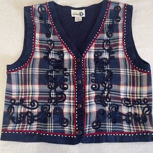 Paul Harris Vintage Vest Embroidered Details Blue and Red Plaid Size S